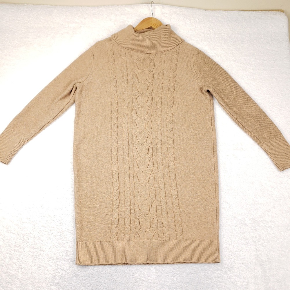 Banana Republic Petite M Camel Tan Cable Knit Turtleneck Sweater Dress Cozy Chic